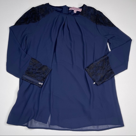 Nicole Richie Top Blouse Blue Black Lace Office Career Cocktail  Date Whimsigoth - Picture 1 of 13